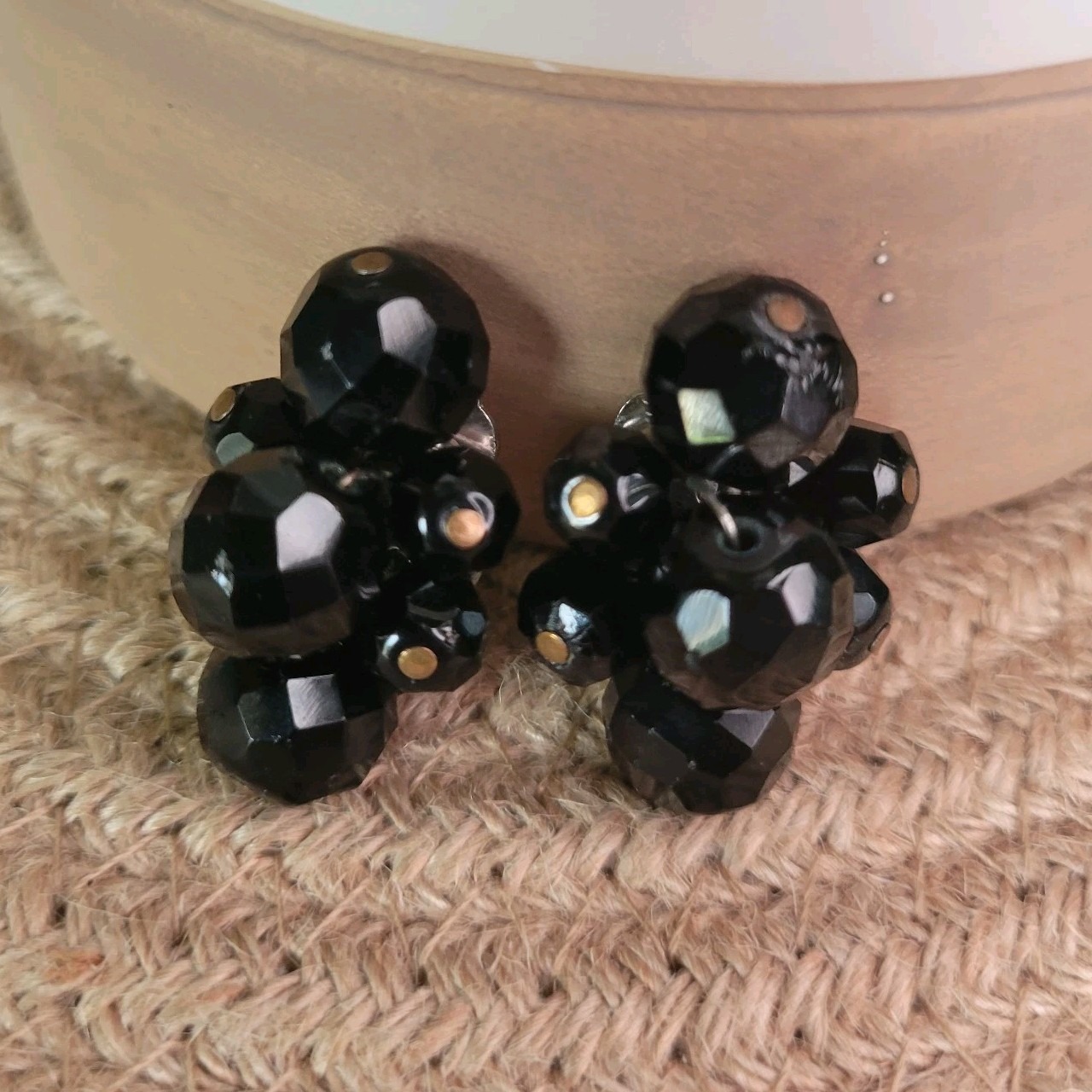 Vintage Signed Carnegie Faceted Bead Clip On Earrings Black